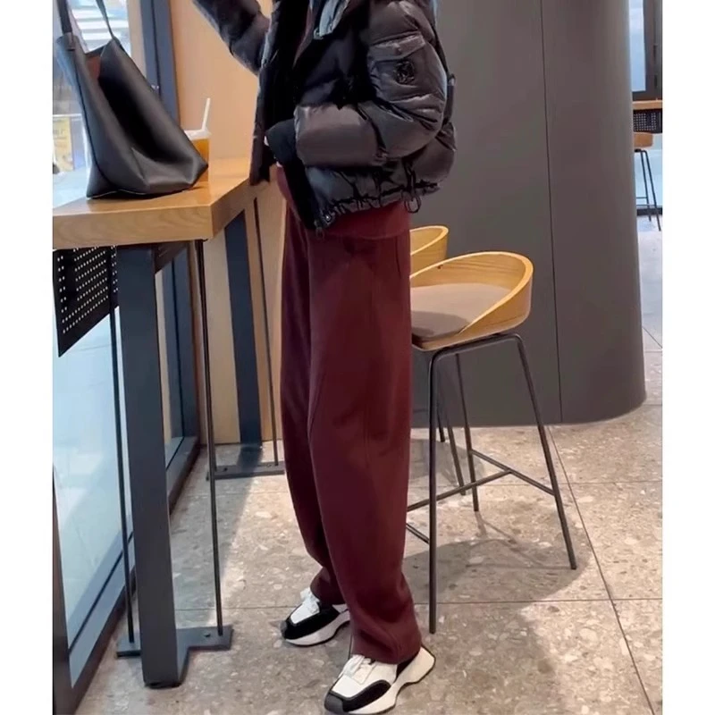 酒红色直筒阔腿卫裤女2025春秋新款宽松小个子加绒加厚休闲运动裤