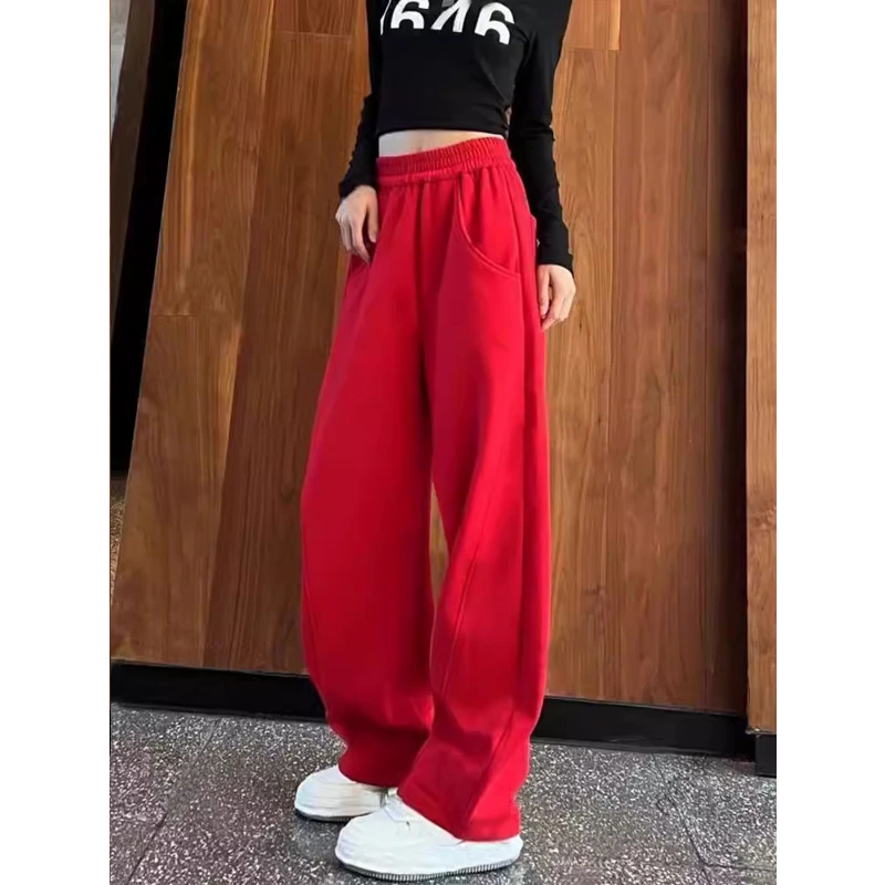 本命年红色加绒加厚弯刀香蕉裤女2025春秋新款宽松窄版阔腿卫裤子