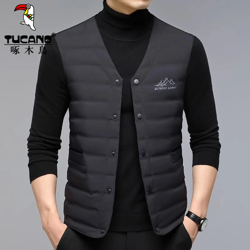 啄木鸟秋冬季V领羽绒服马甲男保暖背心外套中年无袖坎肩马夹