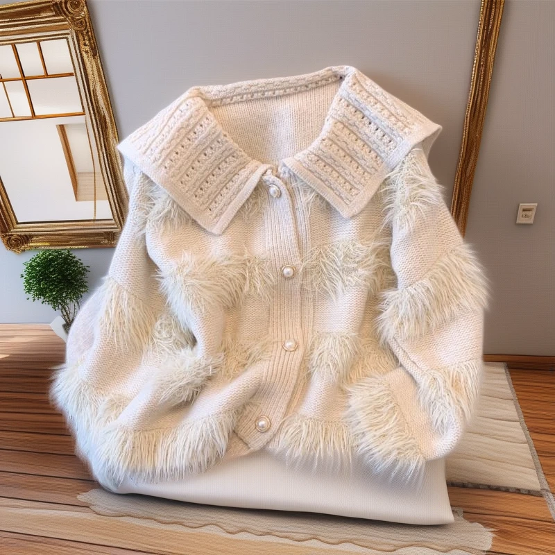 秋冬款仿貂针织开衫女秋冬新款娃娃领拼色条纹毛衣外套慵懒风