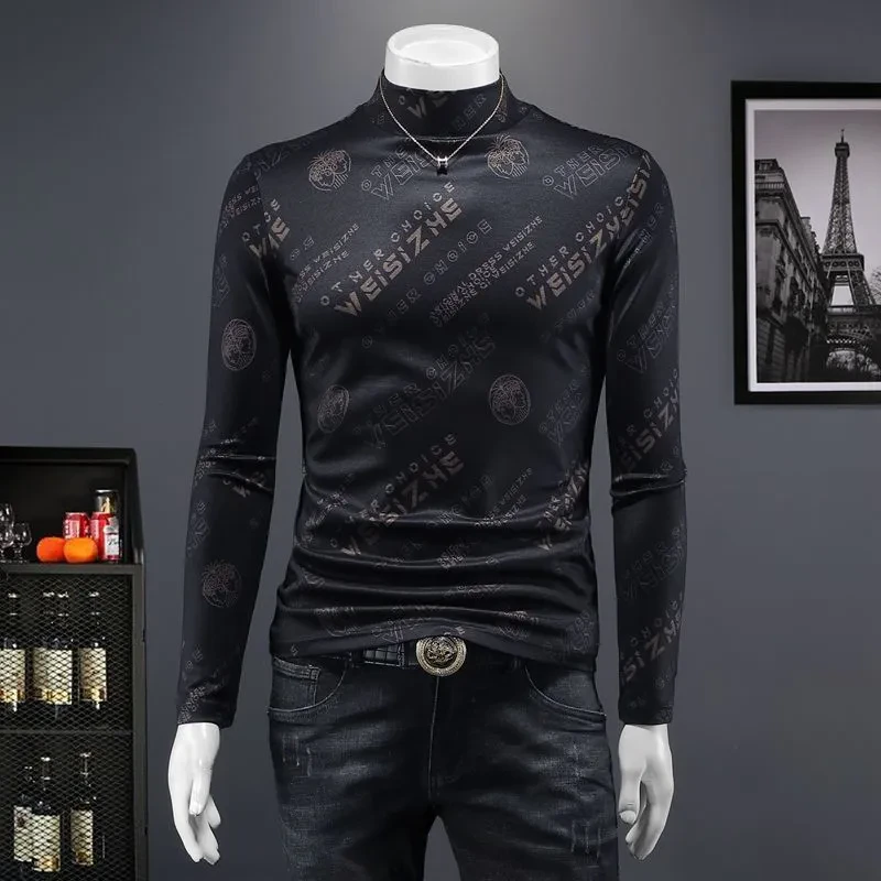 秋冬季新款潮流男士轻奢修身时尚印花中领加厚长袖T恤个性打底衫