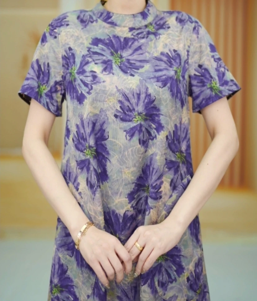 油彩紫兰花黑底抽象玫瑰单层双面双穿短袖连衣裙ZF-102