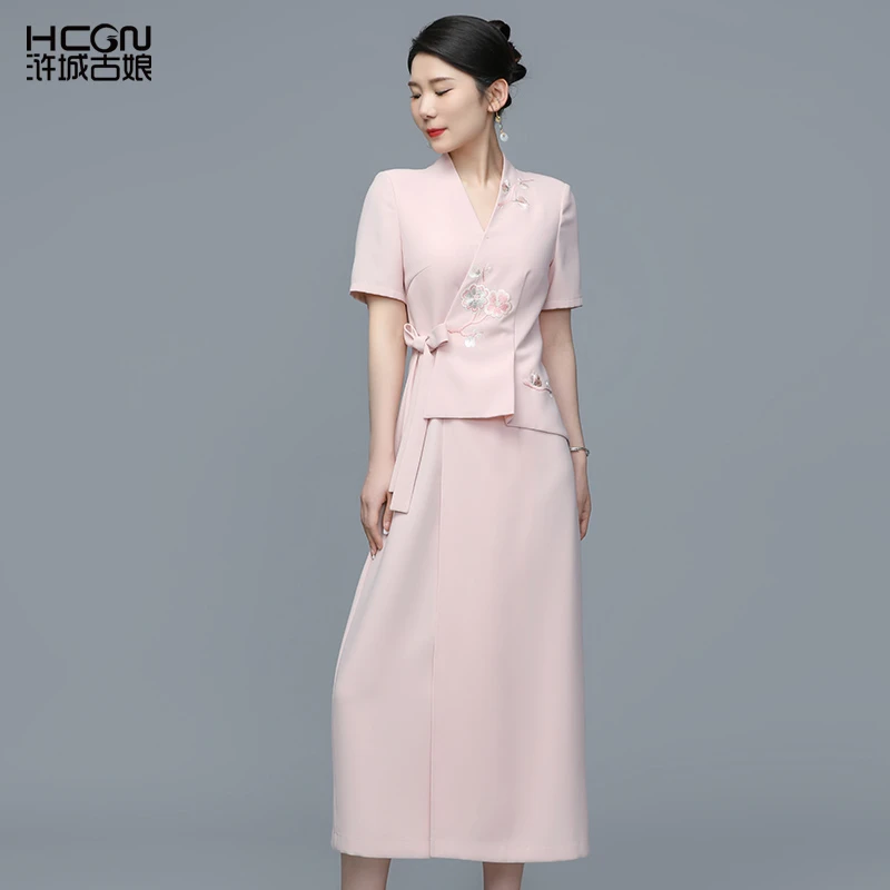 春夏季中式国风粉色中长款裙子气质感V领玉香浓连衣裙-22B11186