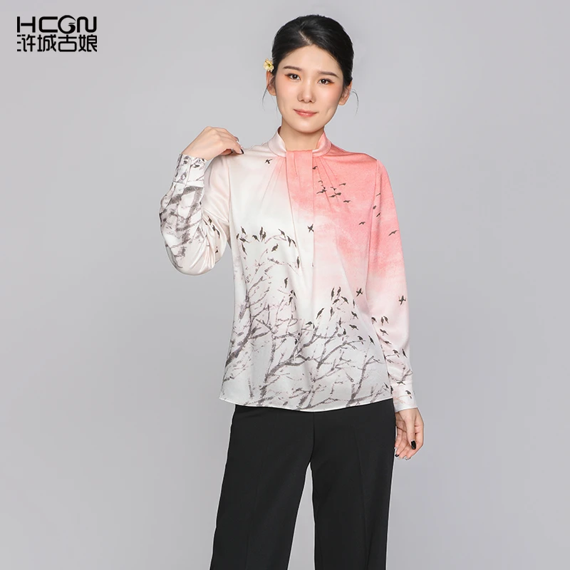 【醋酸】渐变中国风舒适百搭气质减龄女印花日出霞光衬衫CMT18865