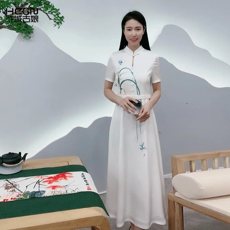 春夏季醋酸中式兰花女士短袖立领雅致时尚气质兰花连衣裙BMT17603