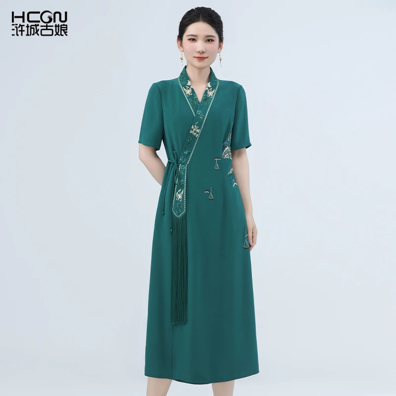 夏天中国风醋酸缎面女山水交领黑色中长款裙子连衣裙高端BCL11555