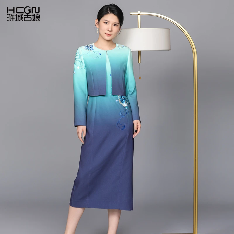 醋酸中式秋渐变精致刺绣花修身显瘦女岚琴套装CMT18832+CMT17775