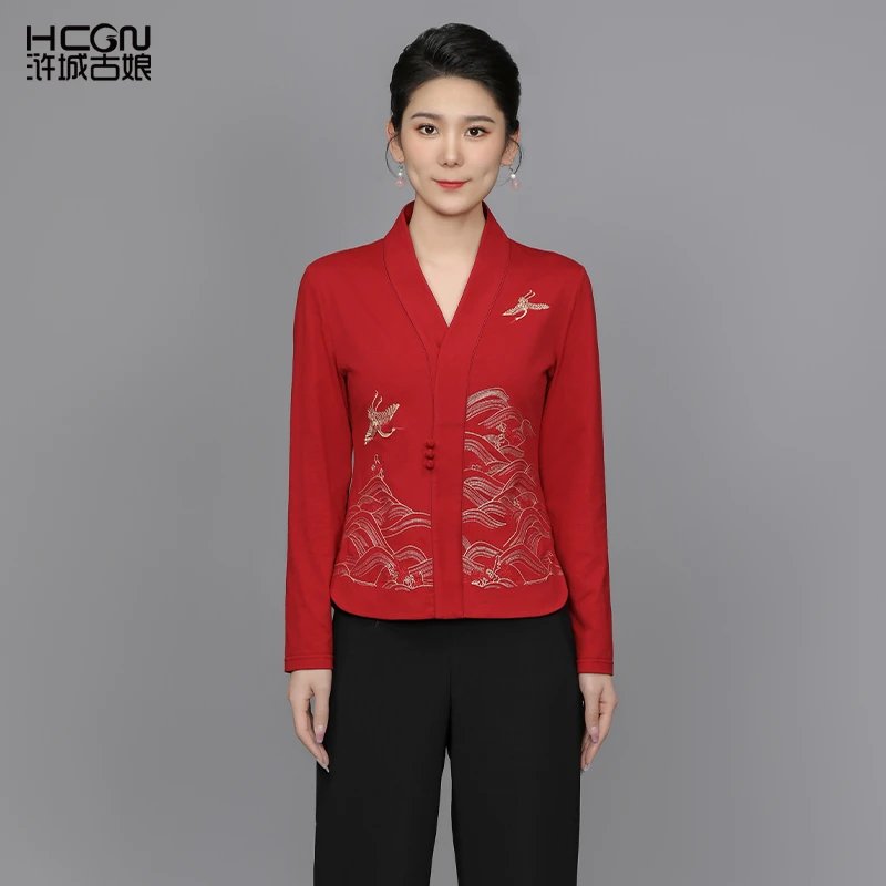 国风气质修身中式时尚棉复古精致绣花碧海鹤影长袖上衣秋ACL18962