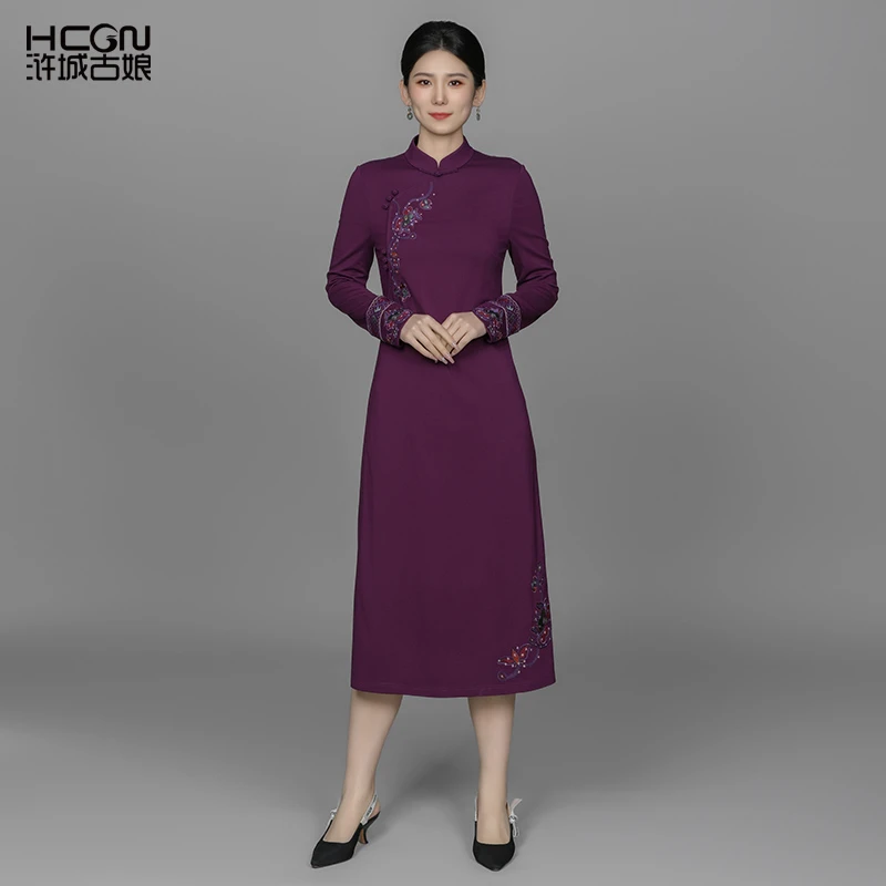 罗马棉新款中式立领长款修身显瘦气质通勤百搭楚音连衣裙ACL17953