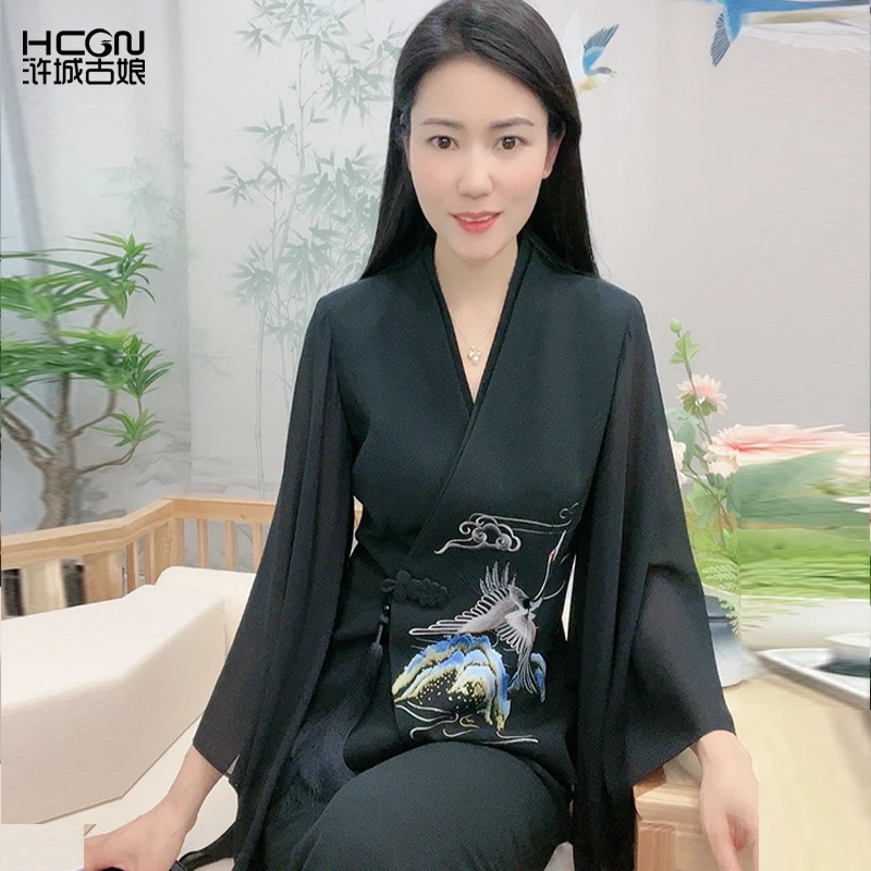 渐变醋酸山水刺绣流苏V领修身显瘦只此青绿套装22B18318+22B19288