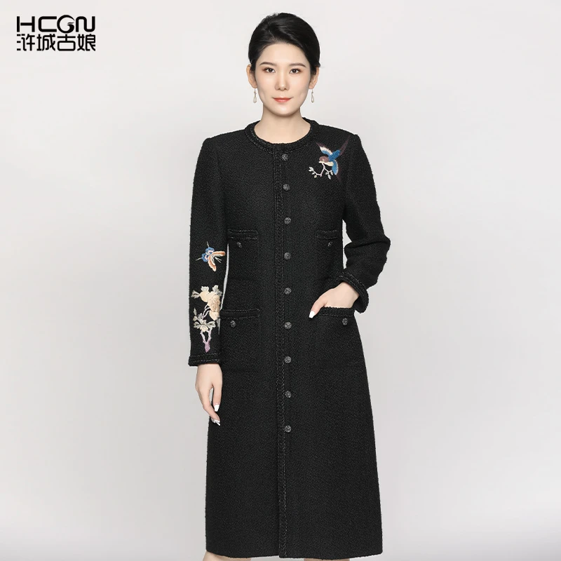 绵羊毛国风精致刺绣秋季黑色舒适百搭长袖圆领青宁连衣裙DMT11352