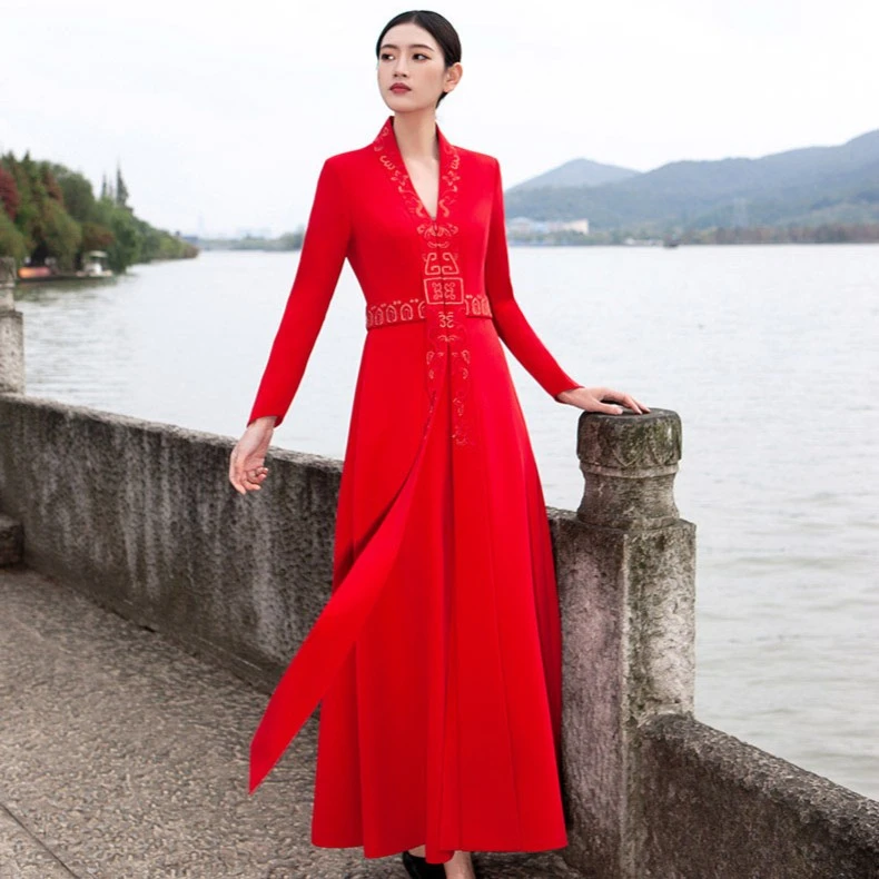 浒城古娘国风气质刺绣上档次优雅高贵芳花明馨连领连衣裙-20A1305