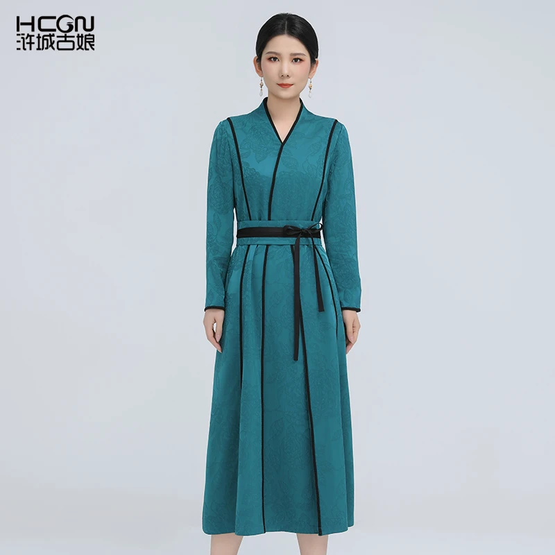 中国风精致印花气质复古女士显瘦收腰V领福音马面连衣裙-ACL17909