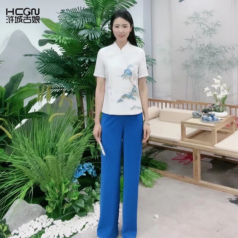 中式山水白色雅致修身气质刺绣女江山如画套装BMT18733+BMT19563