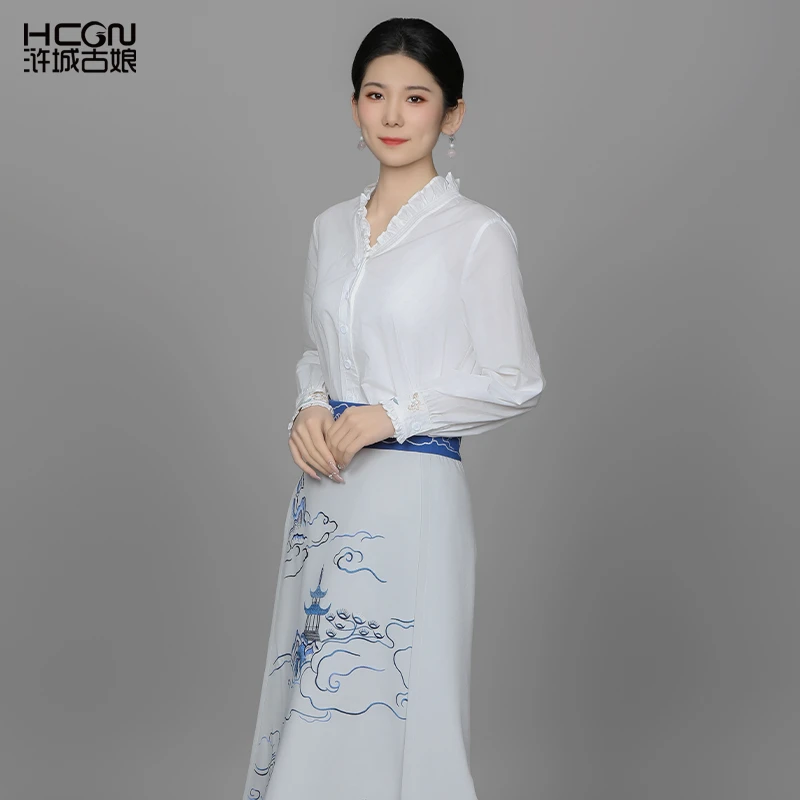 纯棉新中式薄荷曼波V领精致刺绣百搭时尚通勤慕清衬衫-ACL181029