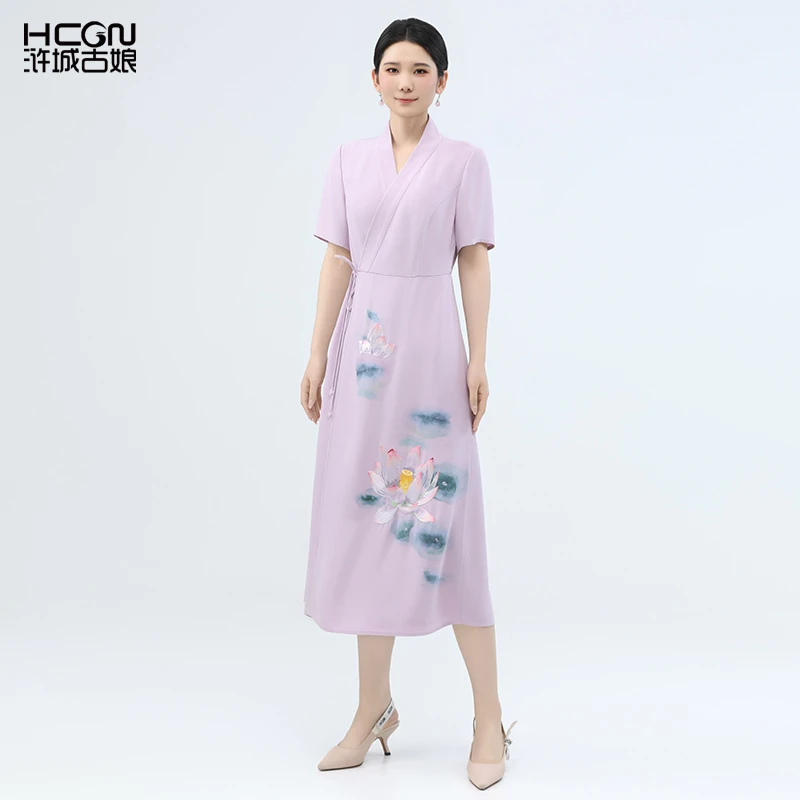 夏日清凉感中国风醋酸缎面a字版水韵莲华白色连衣长裙子-BCL11556