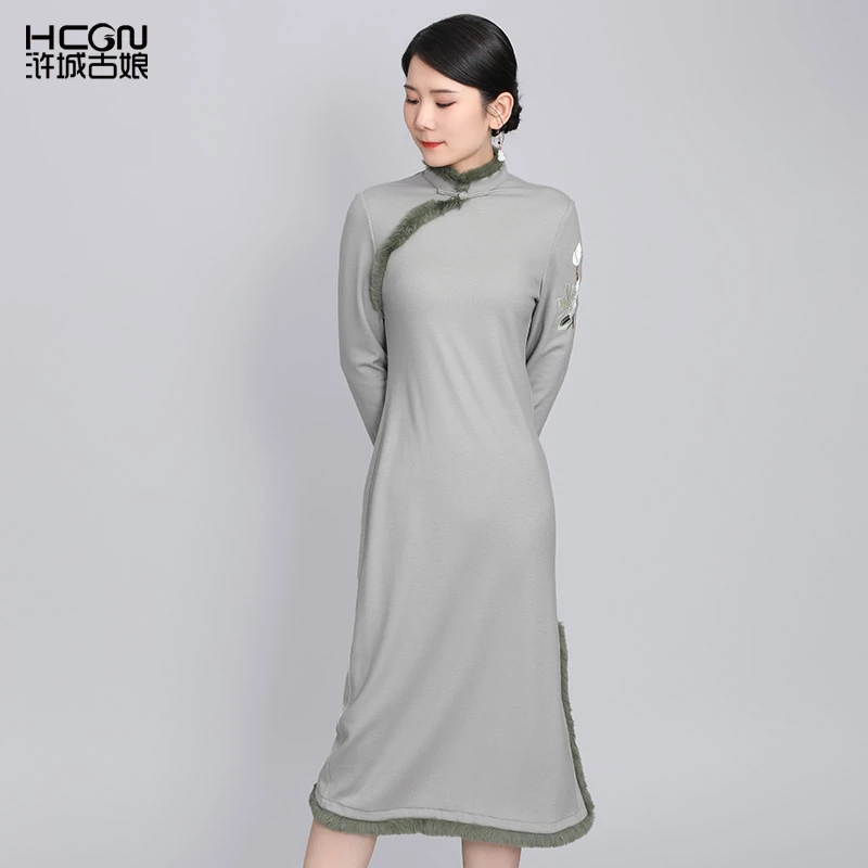 绵羊毛中式秋季刺绣花立领长袖通勤百搭舒适女士箐箐旗袍22D17282
