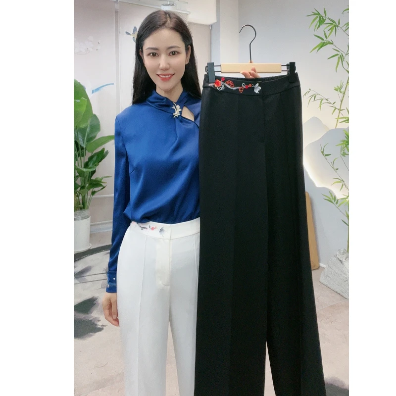 秋季新款中式刺绣花百搭显瘦通勤宽松垂感女蝶恋梅西裤CMT19625