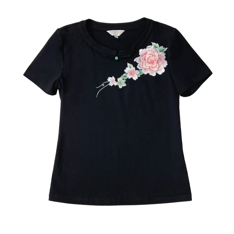 新款国风立体花刺绣简约百搭居家女短袖娇芊中式上衣BMT18738