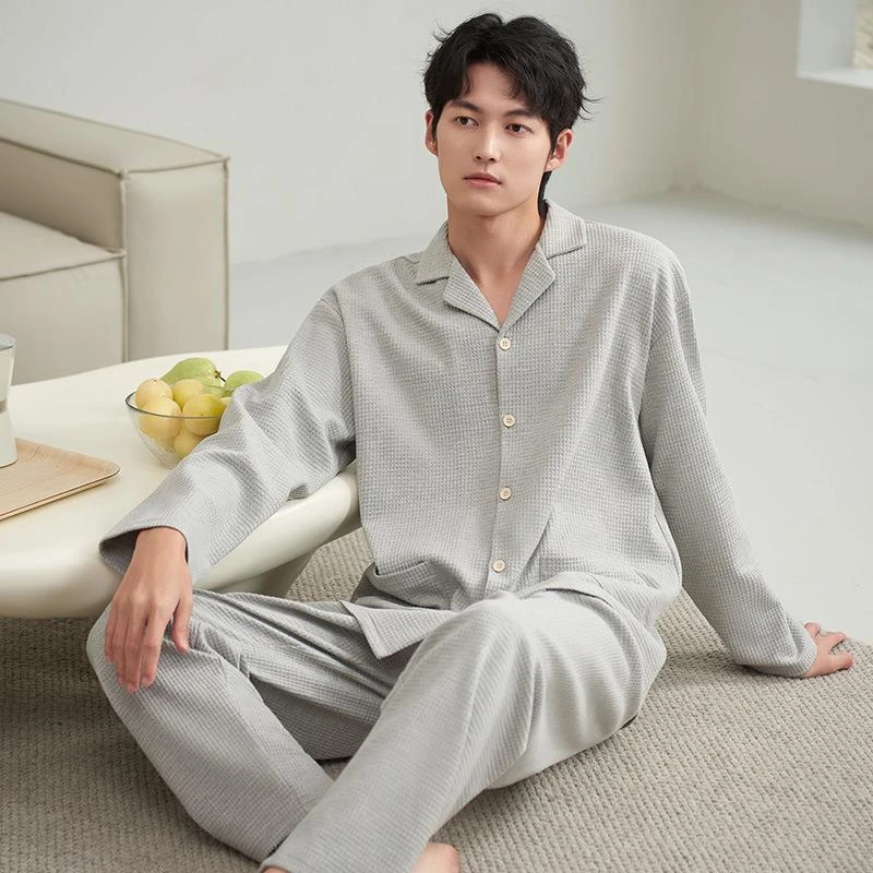 睡衣秋季秋款棉长袖2024新款棉华夫格灰色家居服大码套装q