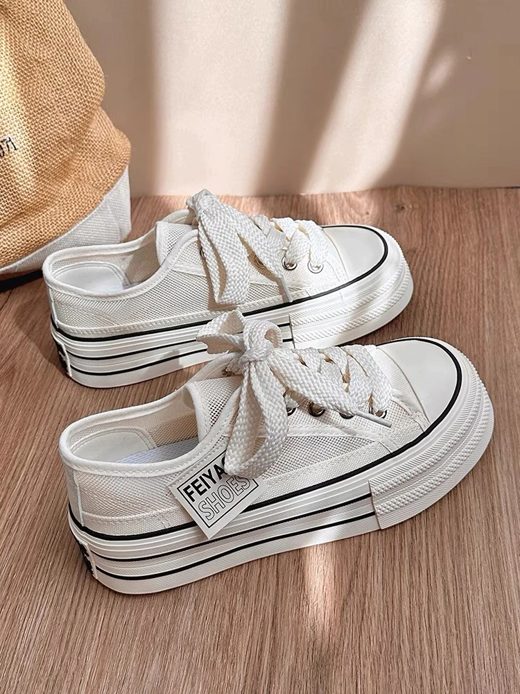厚底小白鞋女网面透气运动鞋2024夏季新款内增高板鞋休闲鞋