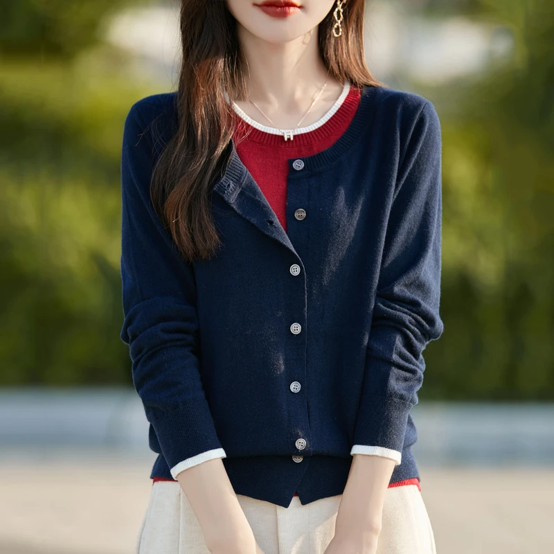 春秋新款针织衫女圆领撞色假两件宽松套头毛衣显瘦上衣打底衫