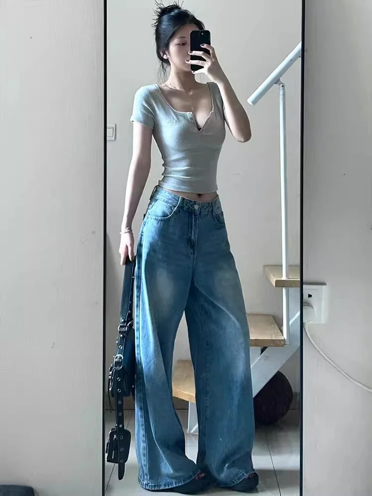 美式复古v领辣妹紧身短袖t恤女夏季2025新款正肩纽扣修身短款上衣