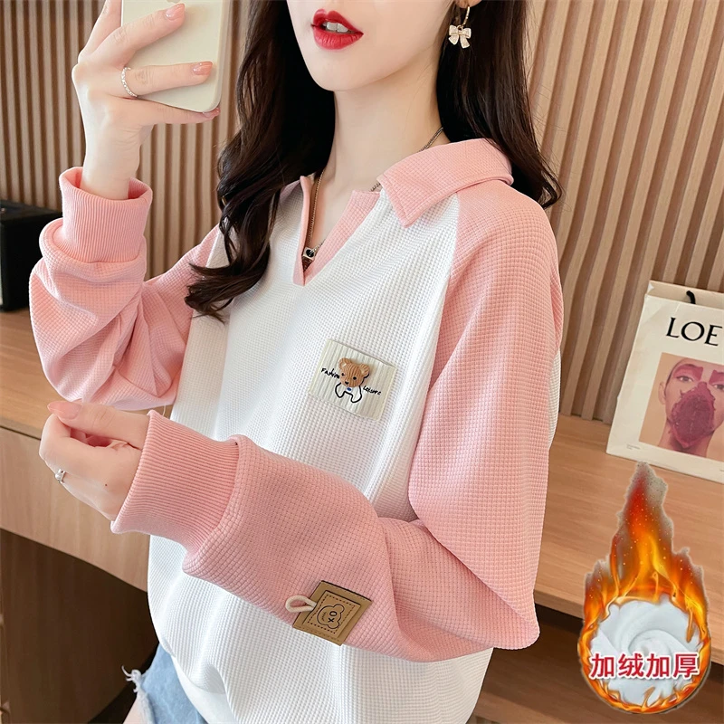 2023秋冬季韩版新款加绒短款polo领卫衣女宽松百搭休闲减龄外套女