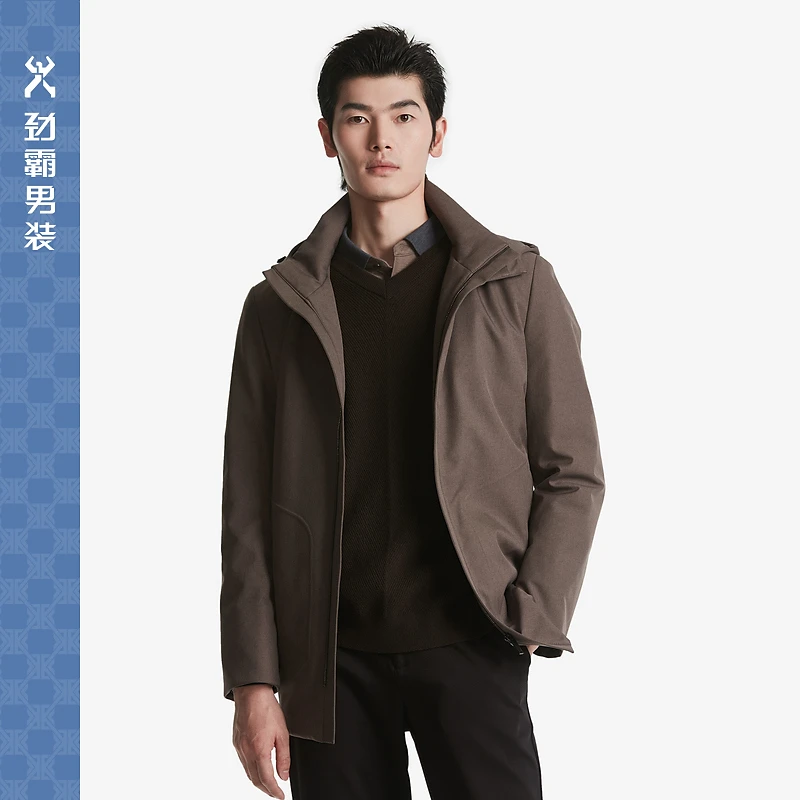 K-boxing/劲霸男装男款秋冬新款中长版夹克薄羽绒服连帽 BRET3181