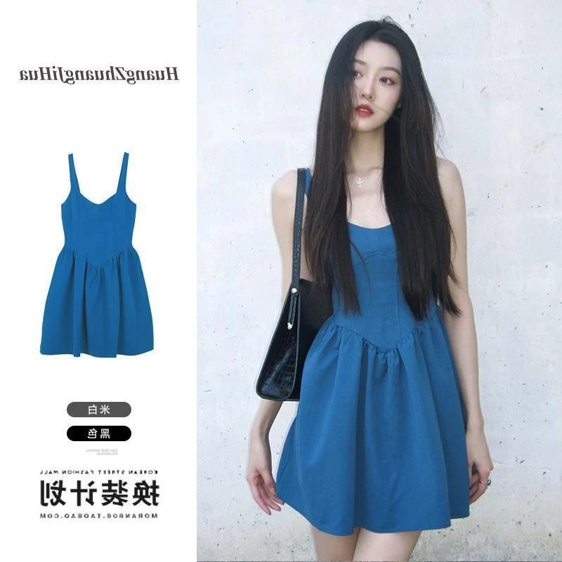 少女感克莱因蓝连衣裙女夏季新款可爱减龄小个子系带别致吊带裙子