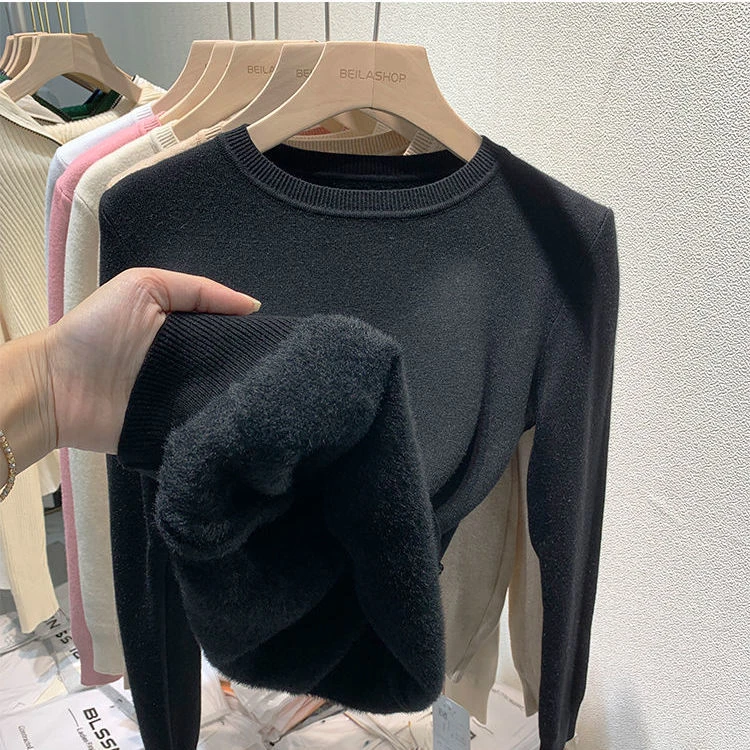 水貂绒一体绒毛衣女秋冬2023新款保暖上衣加厚加绒打底衫针织衫潮