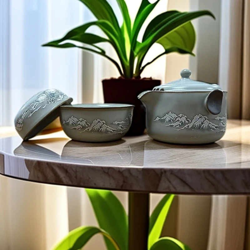 汝窑瑞雪丰年一壶二杯户外家用中式高端旅行茶具汝窑开裂开片工艺