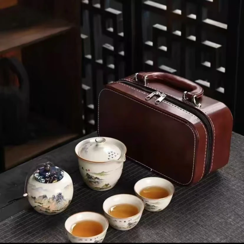 千里江山(黄)汝窑旅行茶具套装便携式包户外喝茶泡一壶三杯