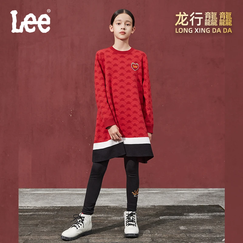 Leekids龙年女童连衣裙2023春季新款红色毛线红色套装