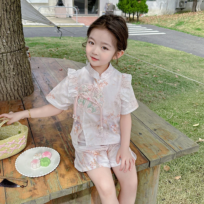 女童夏季套装2024新款洋气时髦儿童宝宝夏装国风新中式短裤两件套