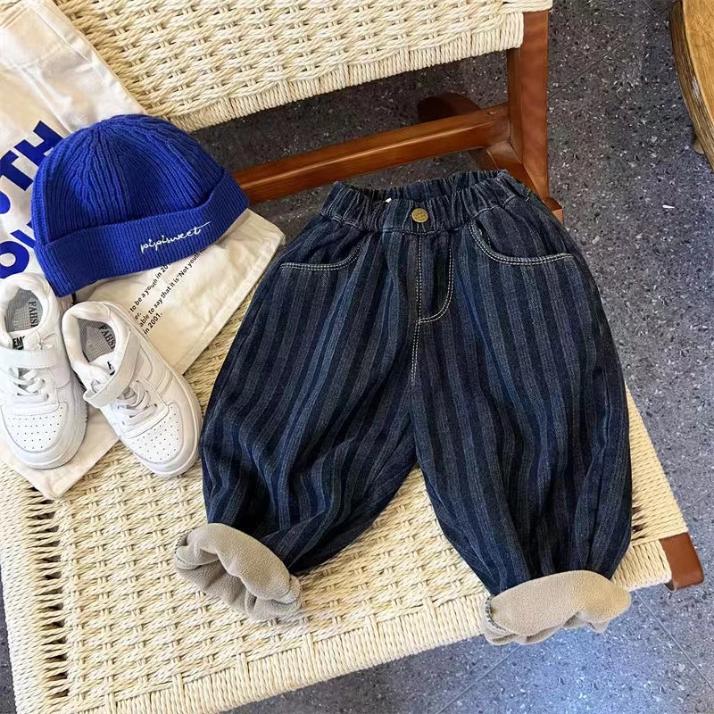 男童加绒牛仔裤条纹冬季加厚一体绒男宝宝宽松韩版儿童休闲裤子