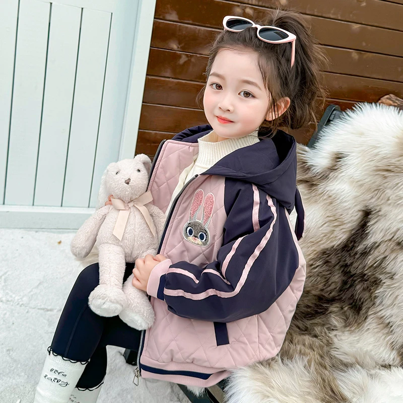 女童加绒外套秋冬款2024新款洋气棉衣儿童夹棉棒球服宝宝加厚上衣