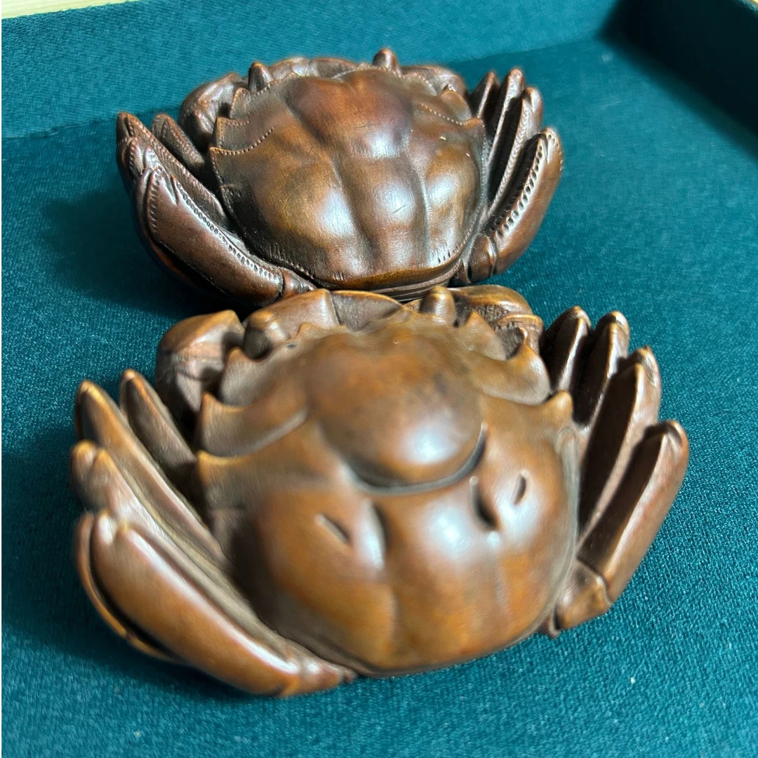 手工雕刻木雕黄杨木摆件把件对螃蟹