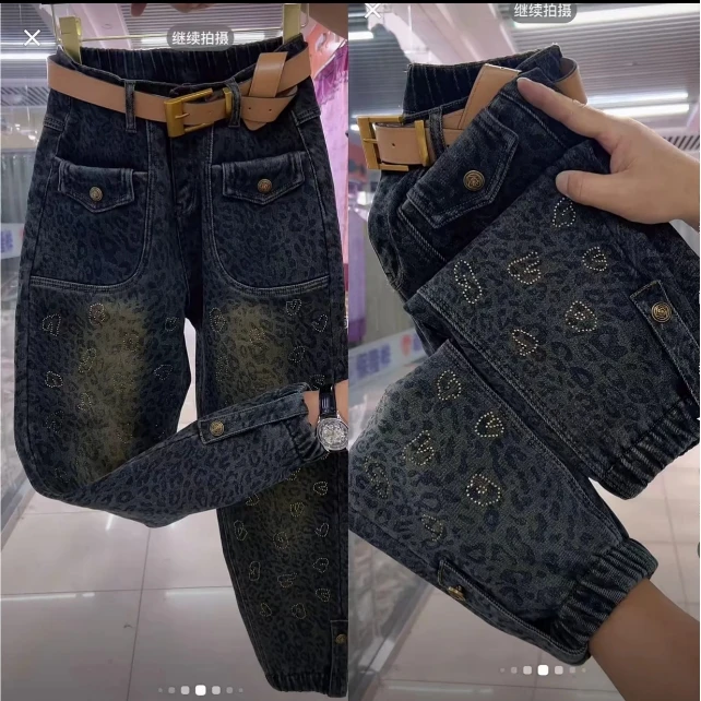 （无腰带）8620加绒钻字母豹点牛仔裤