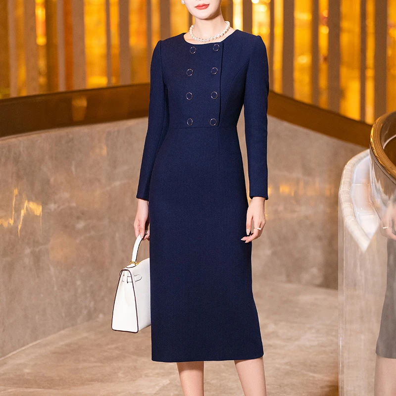深蓝色毛呢连衣裙女冬2024新款气质端庄修身显瘦中长款长袖直筒裙