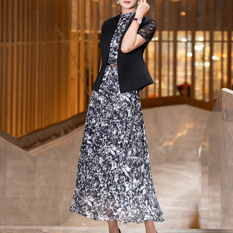 西装连衣裙套装显瘦气质时尚复古修身蕾丝碎花夏季春季法式女神范