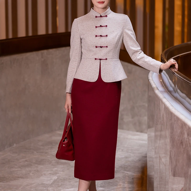 新品米红拼接气质婚庆立领假两件连衣裙中国风喜婆婆喜妈妈女儿