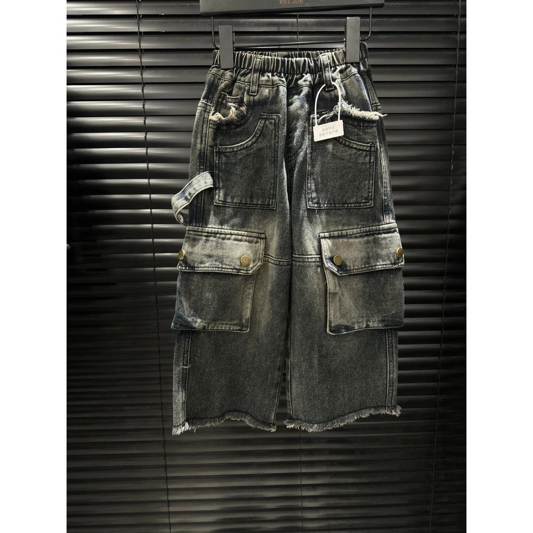 【现货-浅秋】-2025秋款裤脚毛边做旧牛仔裤宽松直筒工装立挺