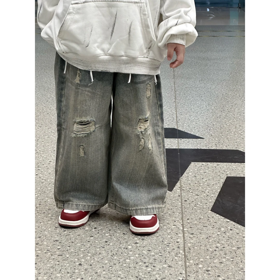 【XST.JDB】-2024秋款韩版男童小童做旧脏脏破洞牛仔裤宽松男童