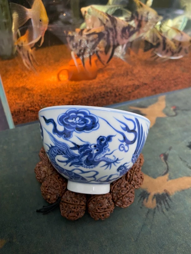 空山草庐仿元青花龙凤呈祥鸡心杯