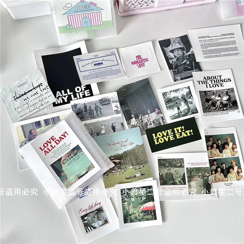 韩国出卡打包材料 LOVE ALL DAY复古手账海报素材拼摆拍贴纸包