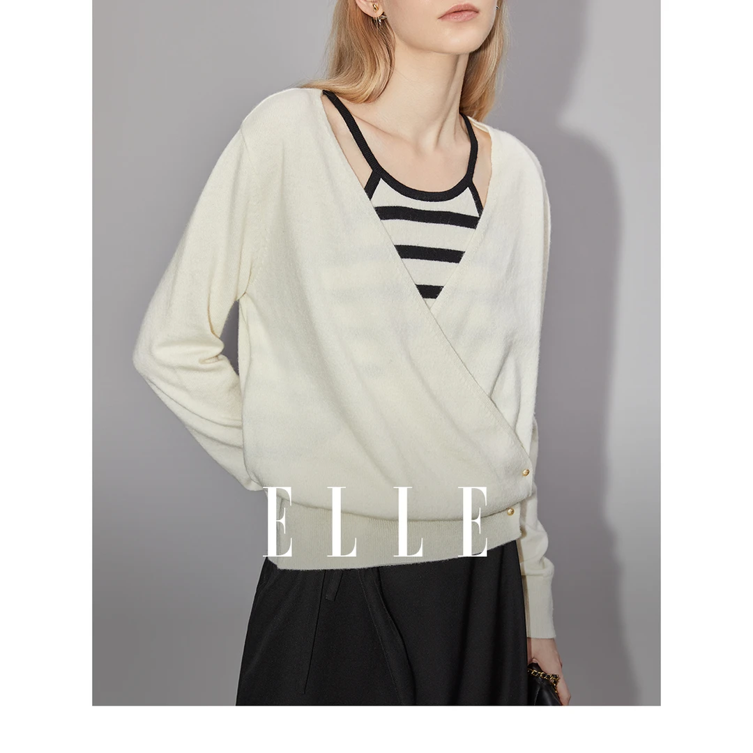 ELLE条纹假两件针织衫女2025春装新款毛衣内搭可外穿上衣EM35458