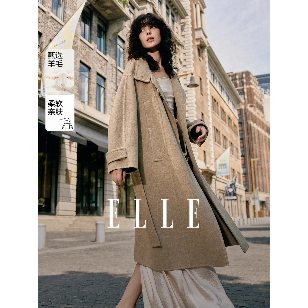 ELLE绵羊毛长款双面呢大衣2024冬装新款通勤气质毛呢外套EN48862