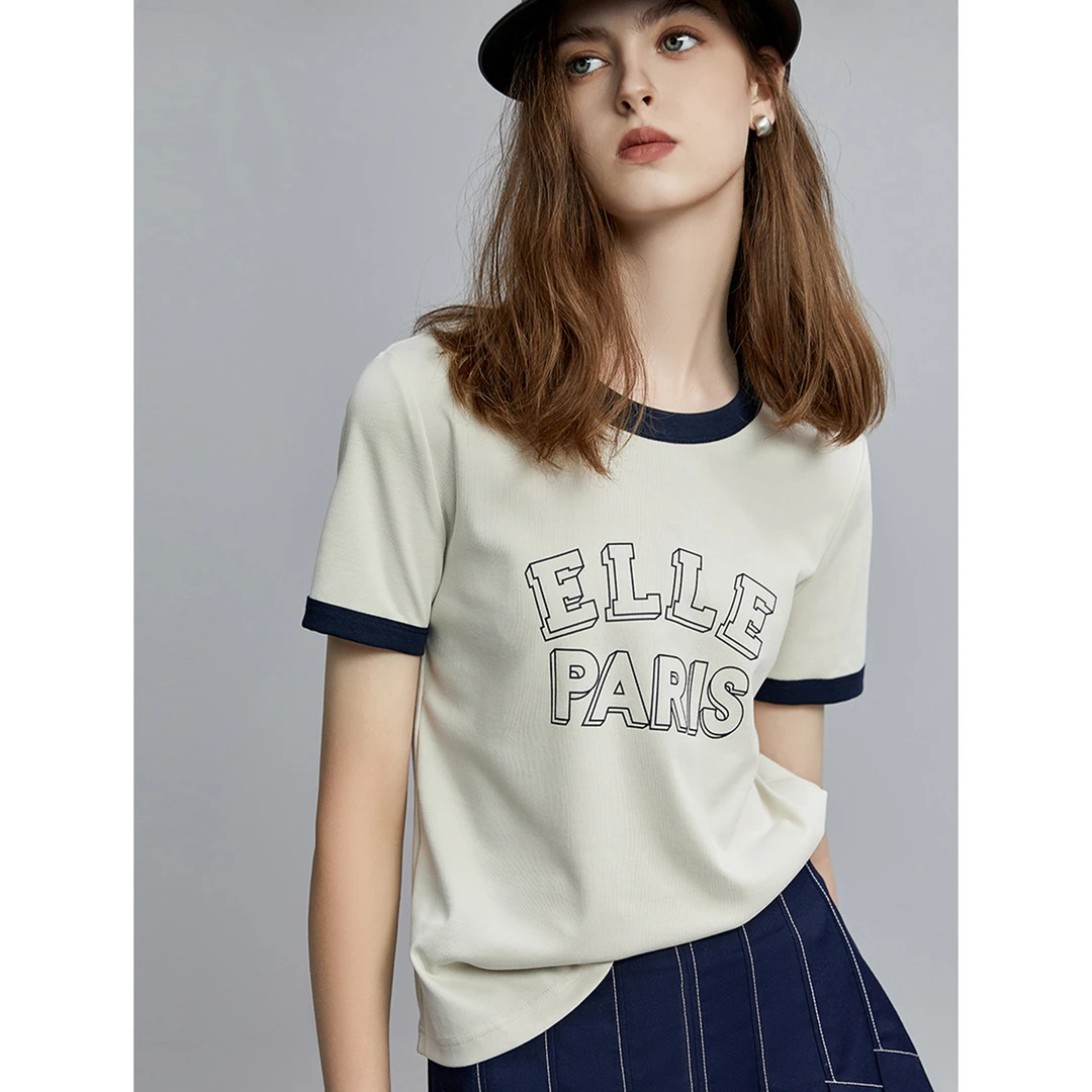 ELLE圆领正肩t恤女2025夏季新款宽松显瘦别致小众短袖上衣ET35229