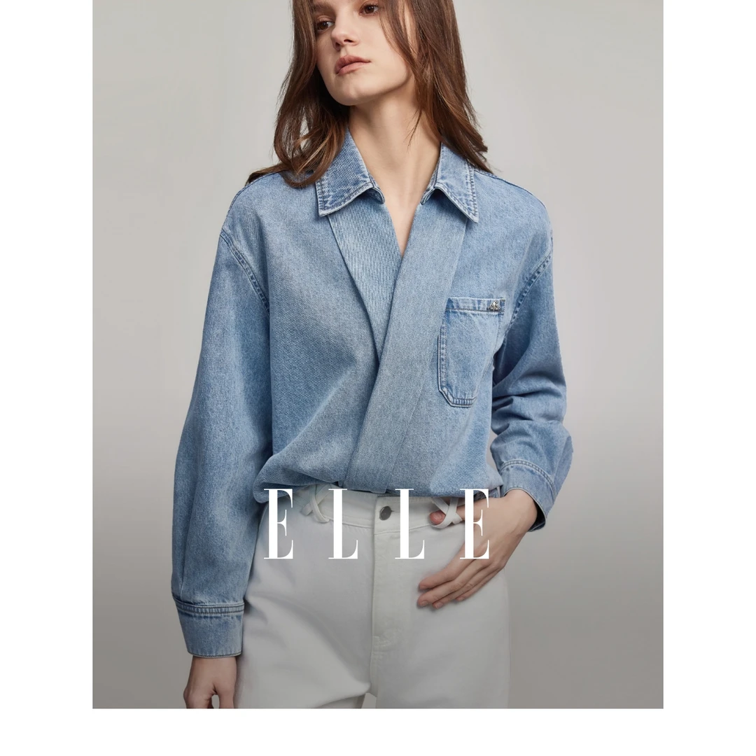 ELLE欧若风牛仔蓝色衬衫女2025春季新款衬衣时尚宽松上衣-EC47314